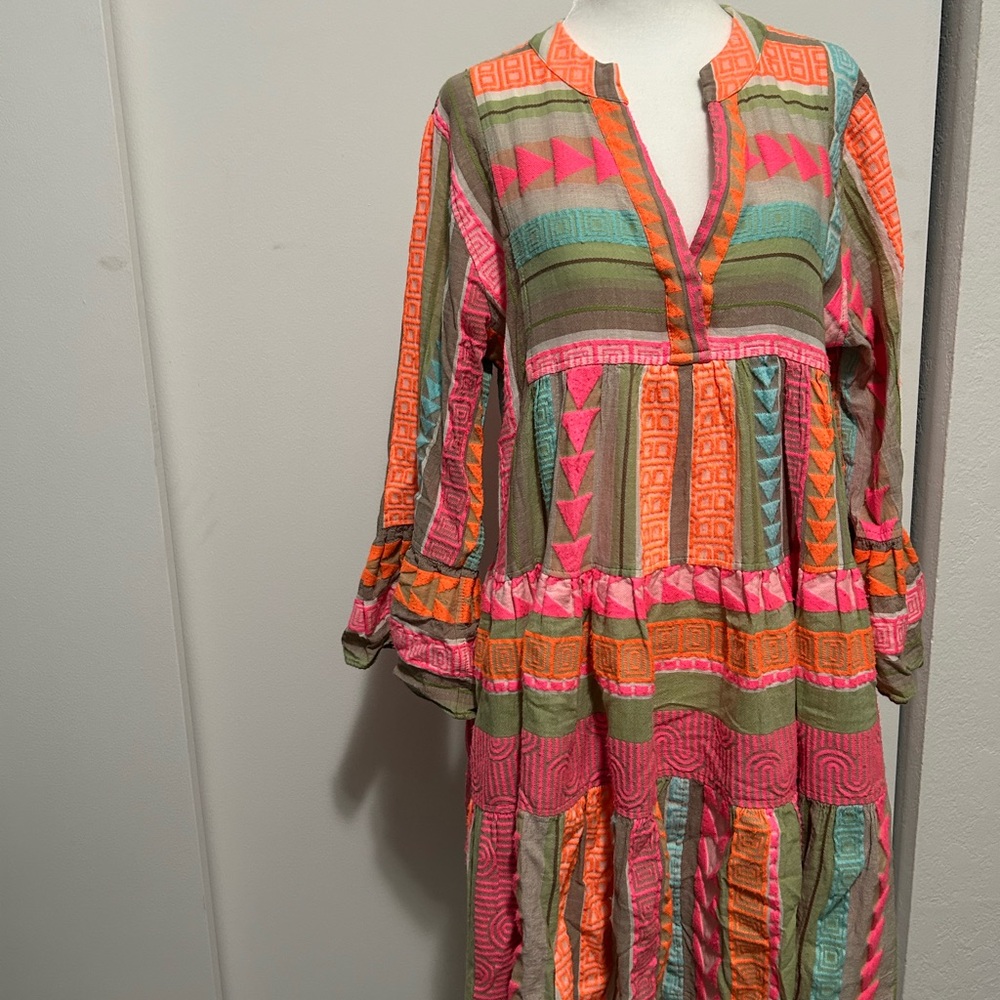 Devotion TWINS Multicolor Bohemian Tiered Tunic Dress - Olive, Pink & Orange